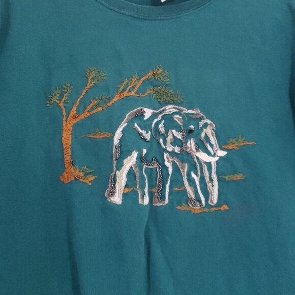 Vintage 90s Womens Hanes Embroidered Elephant Graphic Teal Short Sleeve T Shirt - Picture 2 of 6